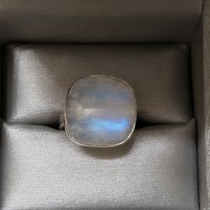 Large Cushion Cut Rainbow Moonstone Ring
